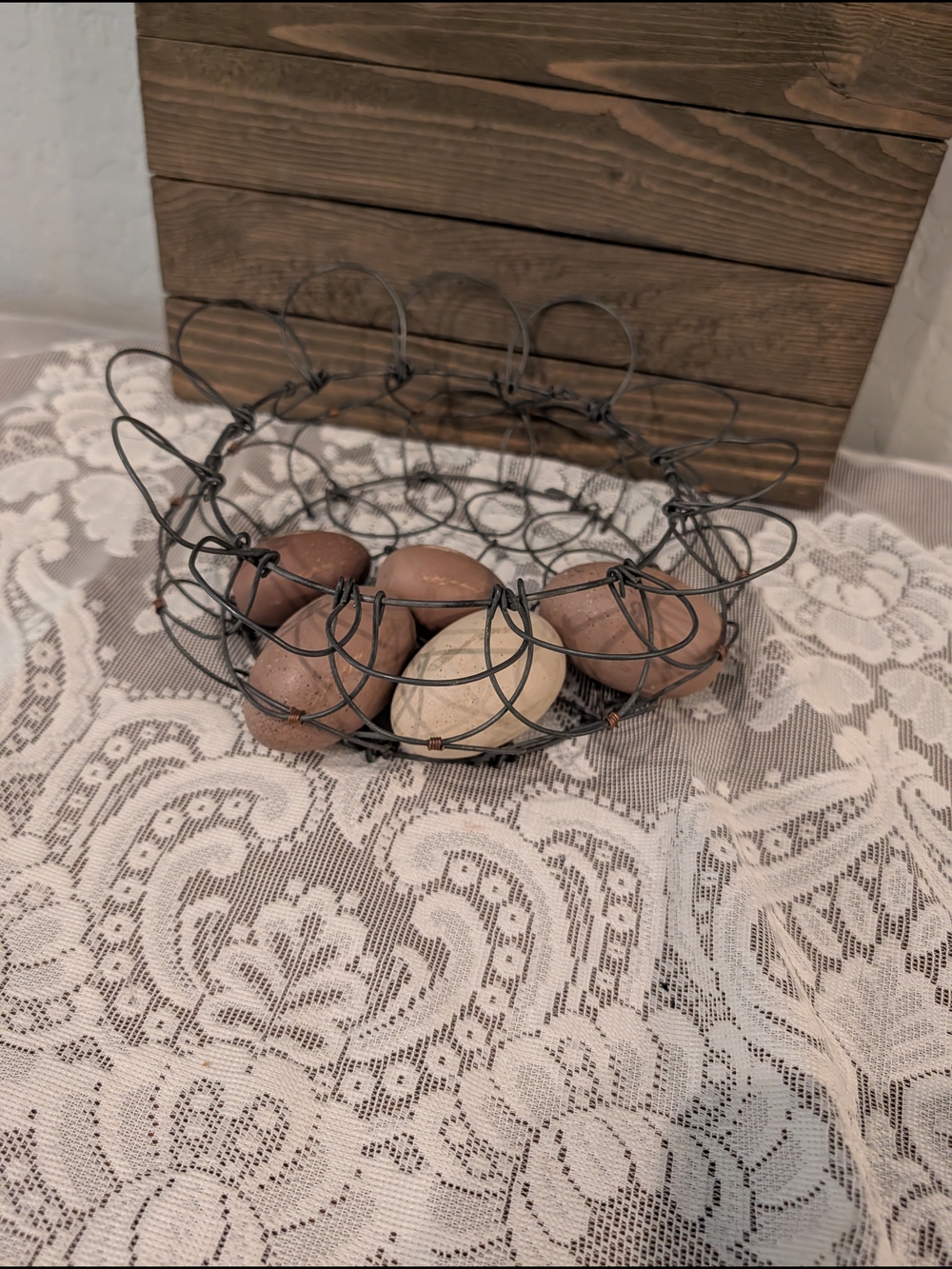 Antique Collapsible French Egg Basket W/ Wood Eggs